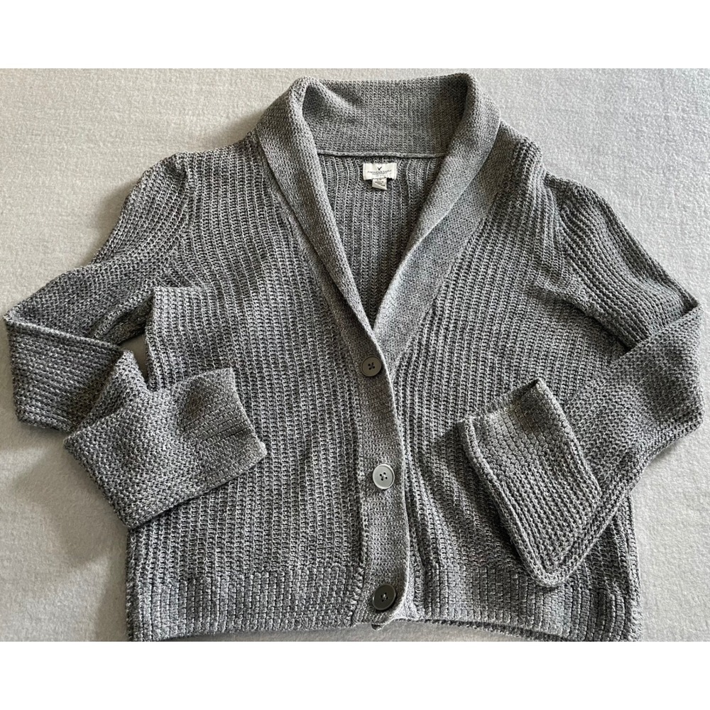 VTG‎ American Eagle Grey Shawl Collar Button Knit Cardigan Sweater Womens Small